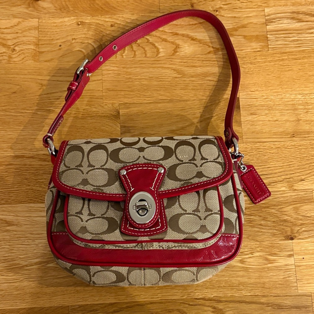 Coach Tan and Red Signature Shoulder Bag